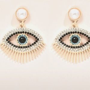 Evil Eye Goldtone Black Rhinestone Pearl Earrings